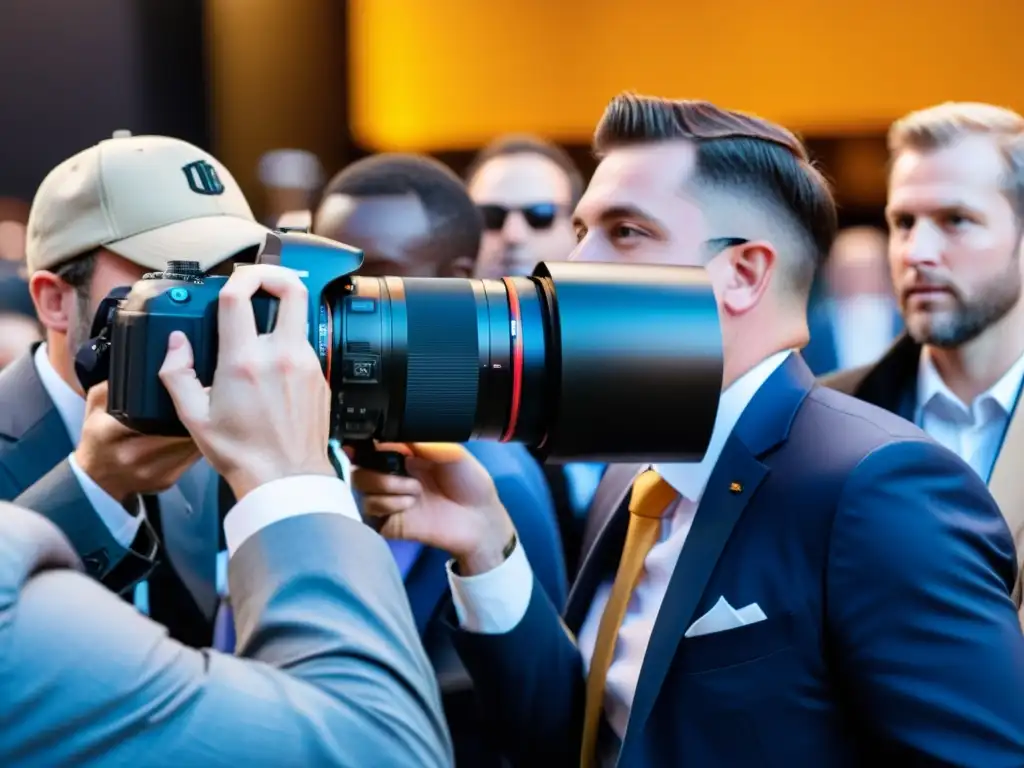 Derechos fotógrafos eventos en vivo: Fotógrafos profesionales capturando momentos vibrantes en un evento, mostrando su dedicación y expertise