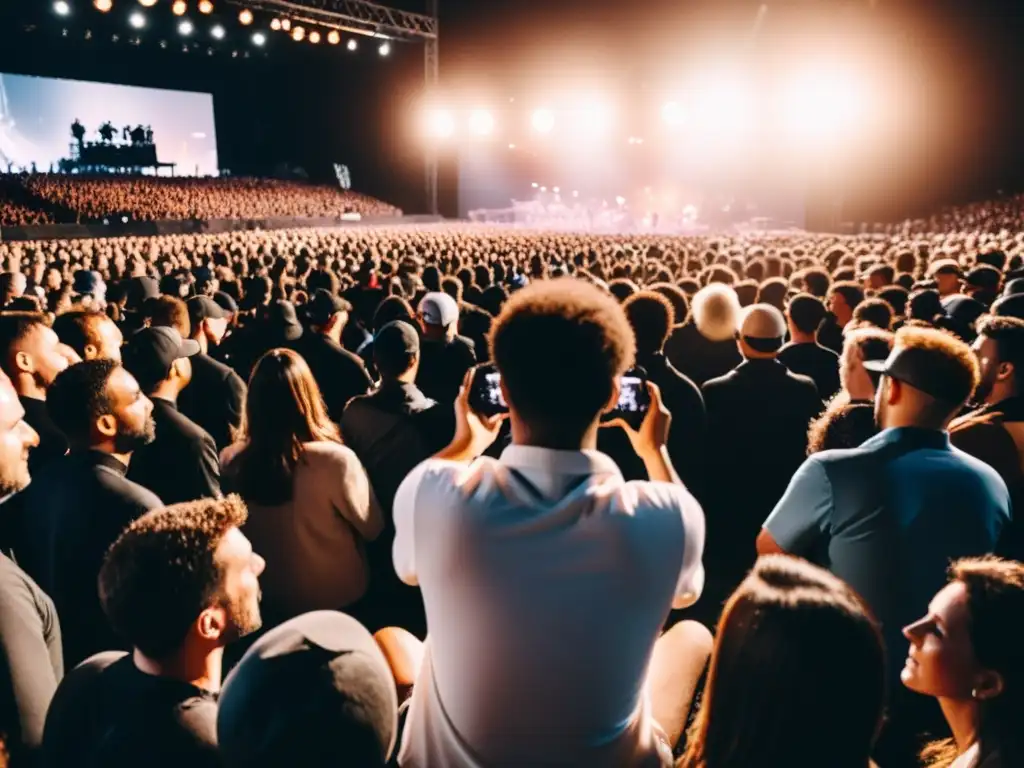 Derechos fotógrafos eventos en vivo: Fotógrafo ajustando cámara en evento, con multitud y artista en escenario, iluminados por luces cálidas