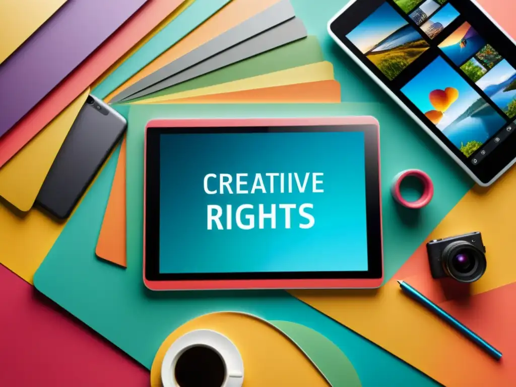 Derechos de imagen en la era digital: Una obra de arte digital vibrante y moderna en una tableta rodeada de dispositivos, simbolizando la evolución de los derechos de imagen en la era digital