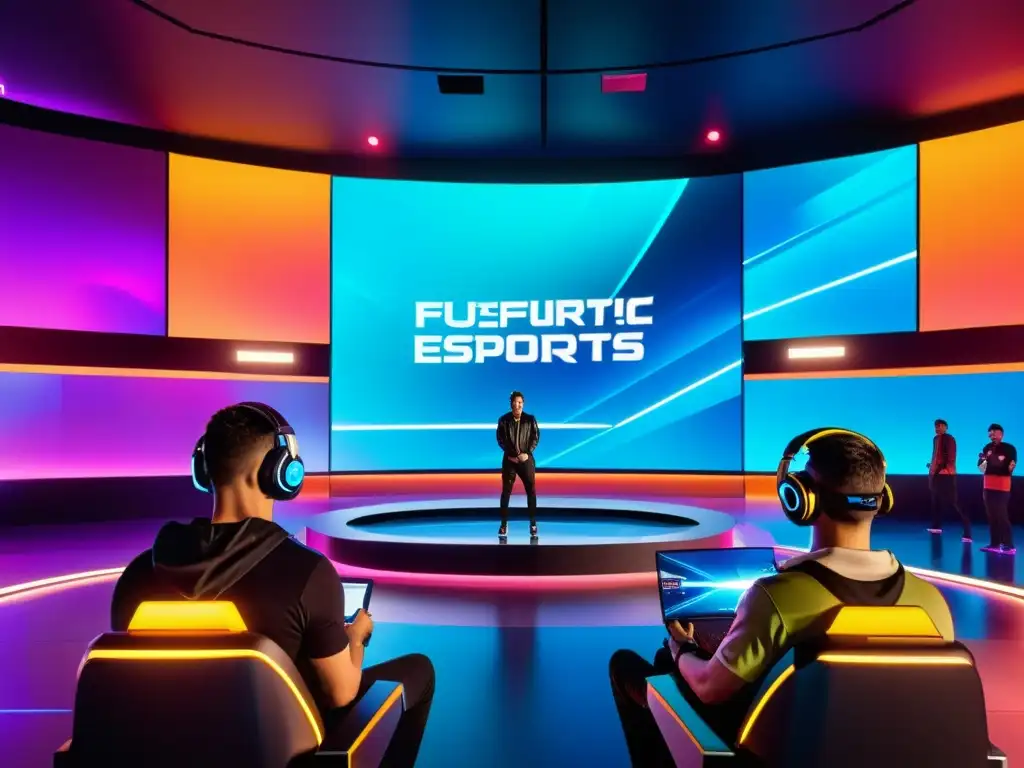 Derechos de imagen para influencers eSports: Arena futurista de eSports con holograma de jugador profesional y público virtual cautivado