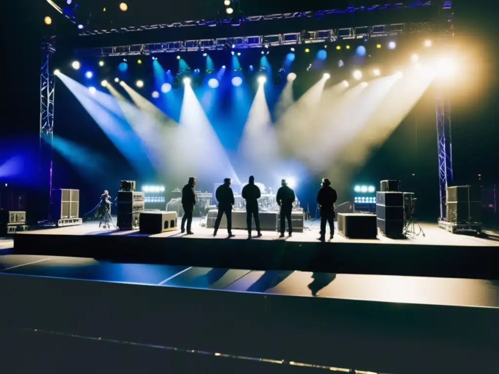 Derechos laborales en eventos en vivo: Técnicos montando escenario para concierto, coordinando luces y sonido con profesionalismo y dedicación