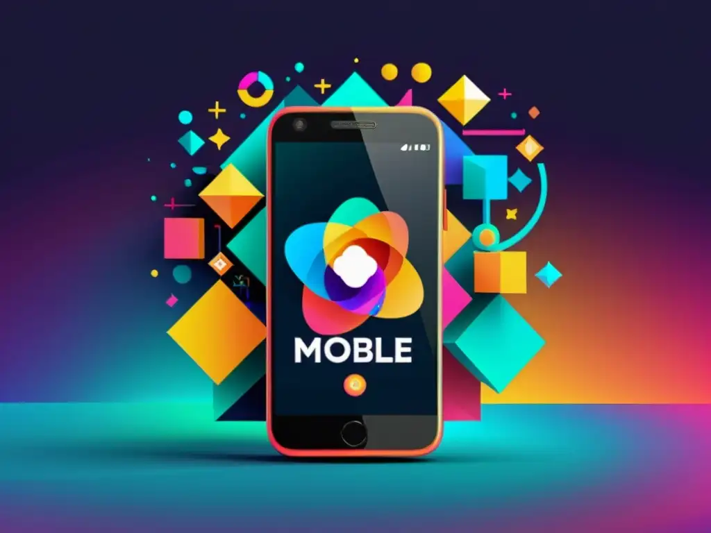 Derechos de propiedad intelectual en aplicaciones móviles: Arte digital abstracto de un smartphone rodeado de formas geométricas coloridas y dinámicas, simbolizando la interconexión de las apps de forma moderna y atractiva