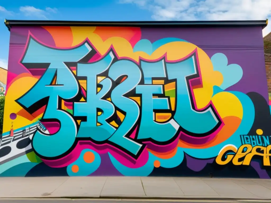 Derechos de propiedad intelectual en colaboraciones artísticas: Mural urbano vibrante con una fusión de formas abstractas, colores audaces y detalles intrincados que crean una obra maestra impactante y reflexiva
