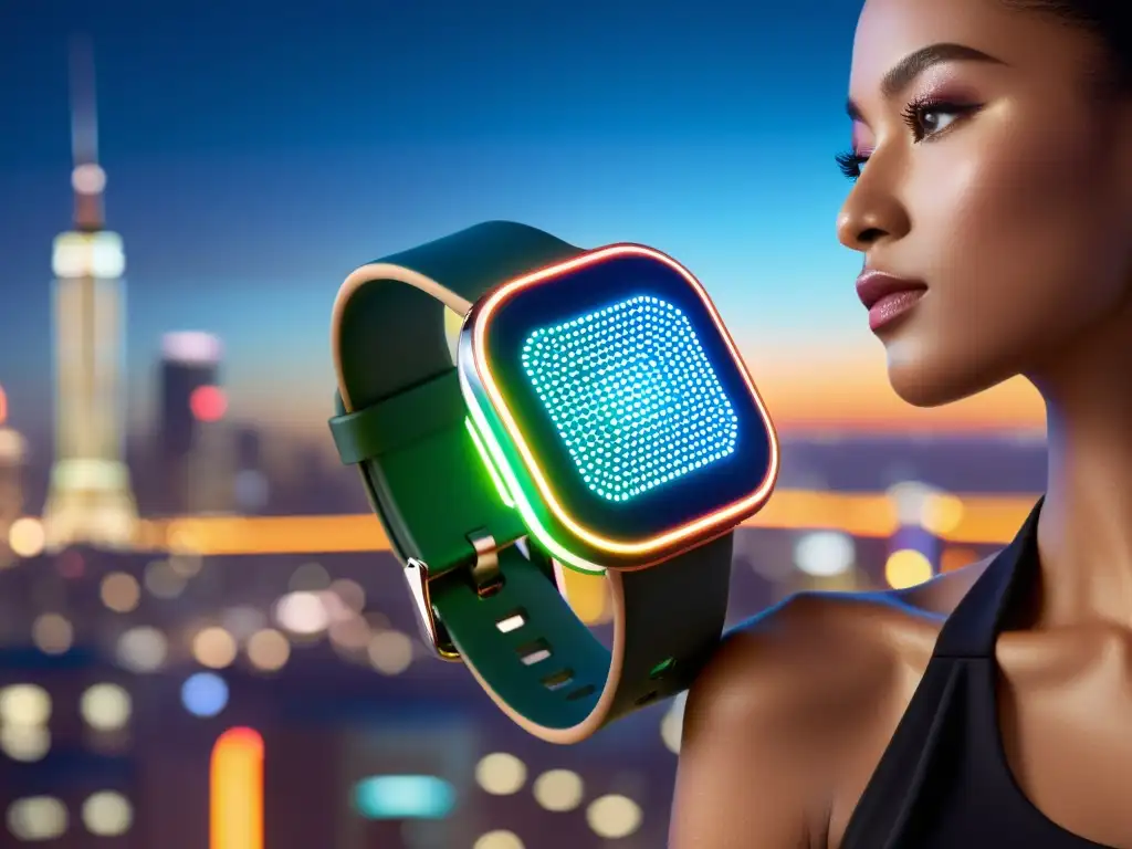 Derechos de propiedad intelectual en wearables: Dispositivo futurista con diseño minimalista y circuitos, en una ciudad nocturna iluminada por neones