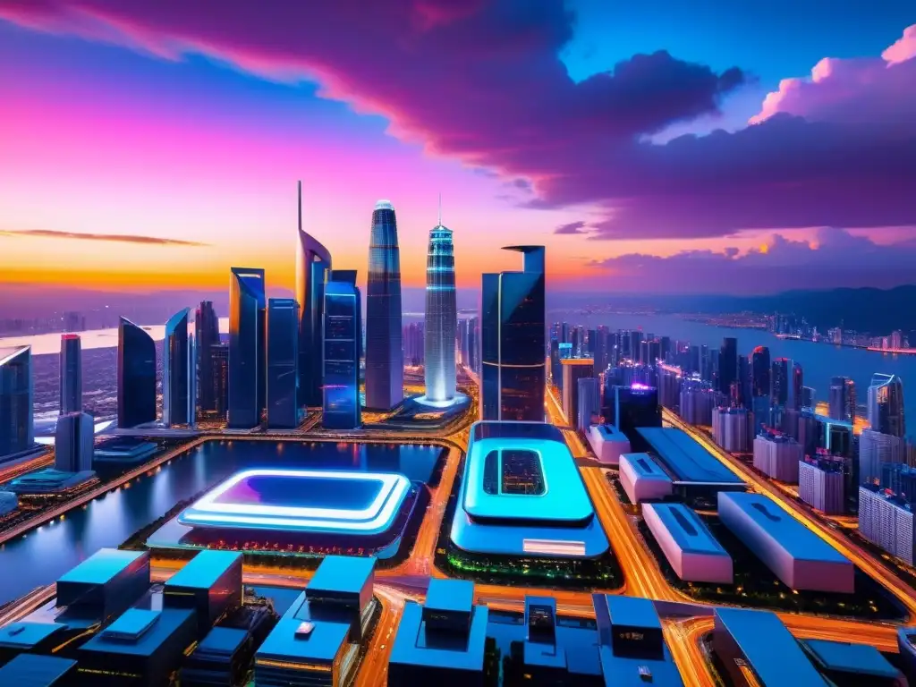 Derechos de propiedad intelectual en IA: Una ciudad futurista al anochecer, con rascacielos reflectantes y luces de neón