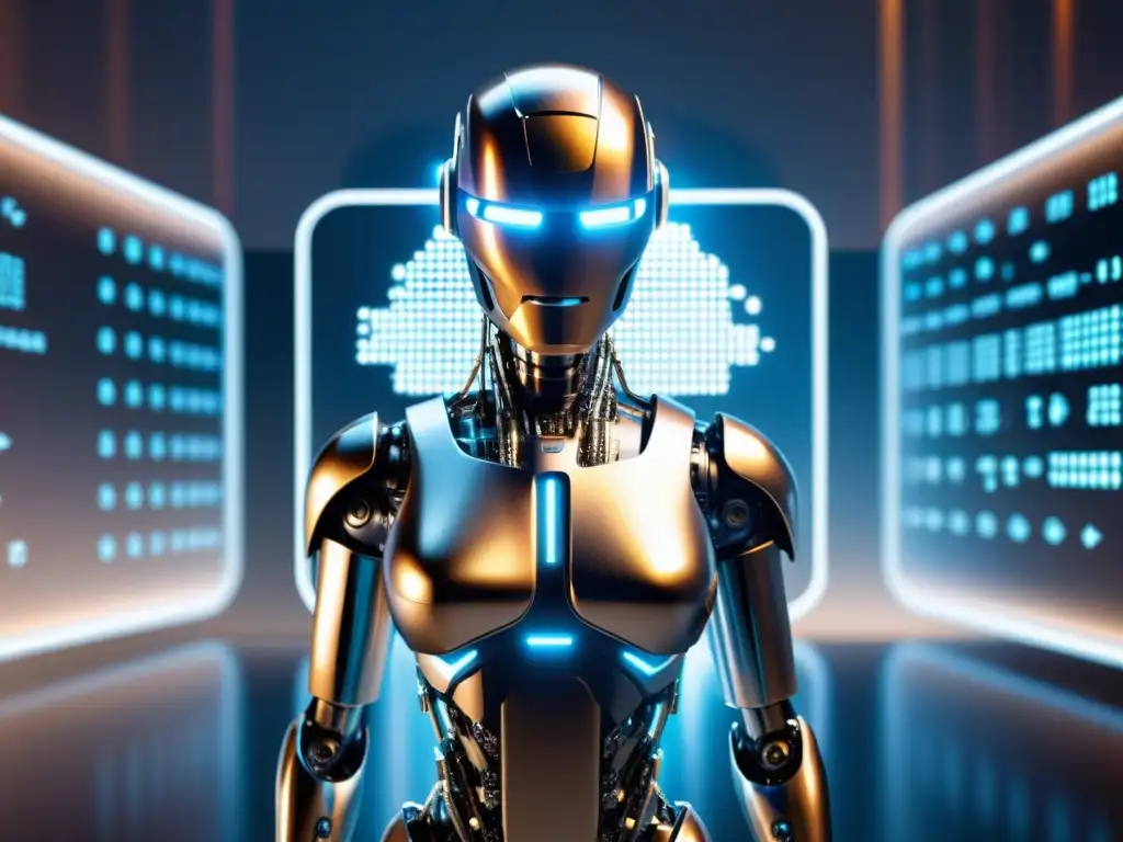 Derechos de propiedad intelectual en IA: Un robot AI futurista refleja la luz de pantallas digitales, rodeado de código y datos fluyendo