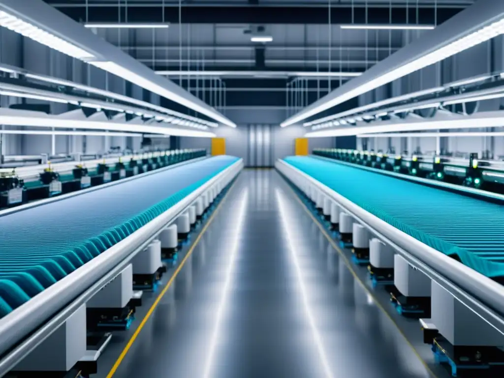 Derechos de propiedad intelectual textil: fábrica futurista con robots tejiendo tela de alta tecnología