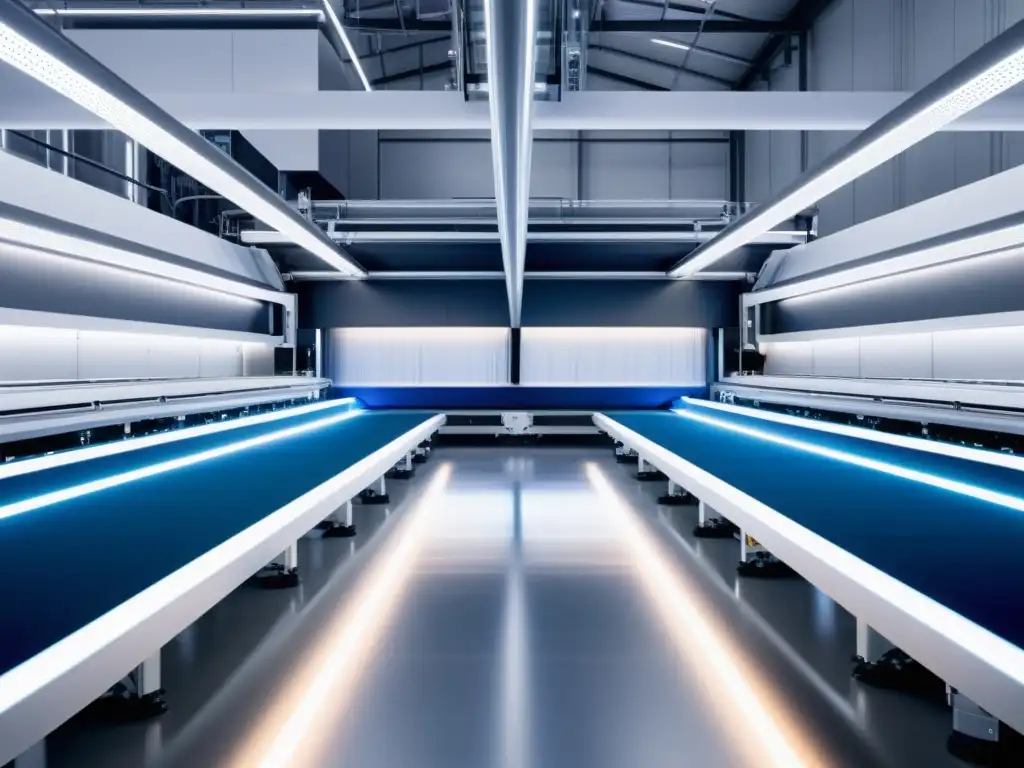 Derechos de propiedad intelectual textil: Futurista fábrica de textiles con avanzada tecnología robótica y diseño moderno iluminado