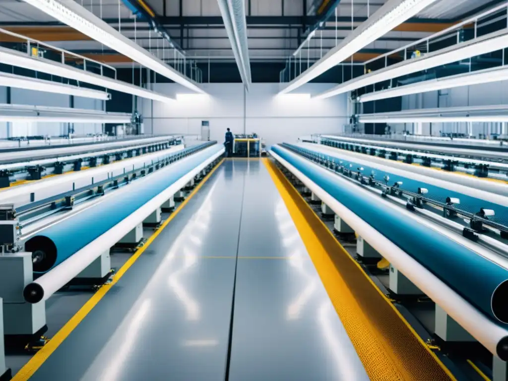Derechos de propiedad intelectual textil: Fábrica moderna con robots tejiendo patrones en tela de alta tecnología, trabajadores supervisan con tecnología avanzada