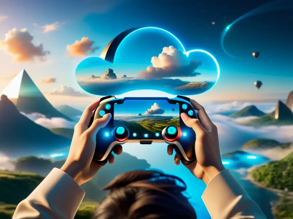 Derechos de propiedad intelectual en videojuegos en la nube: Un control futurista con luces y paisajes virtuales impresionantes