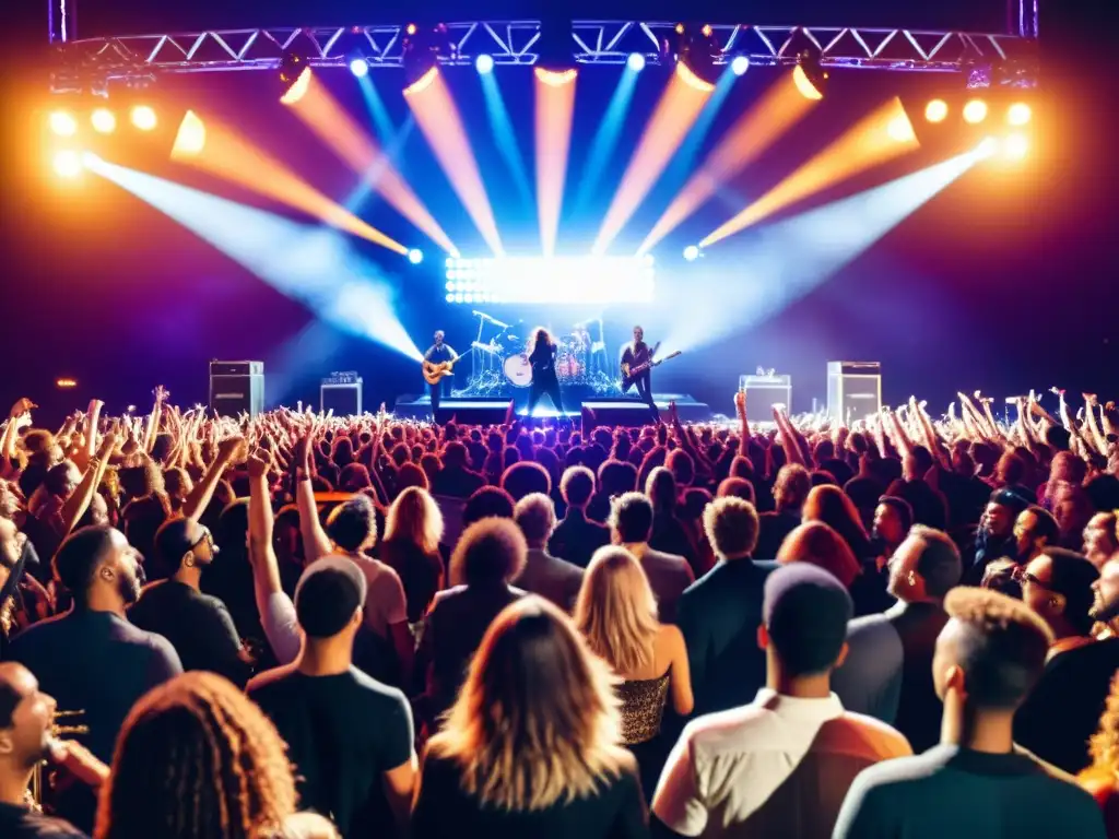 Derechos de sincronización en música en vivo: Escena vibrante de concierto en vivo con músicos, público animado y luces dinámicas