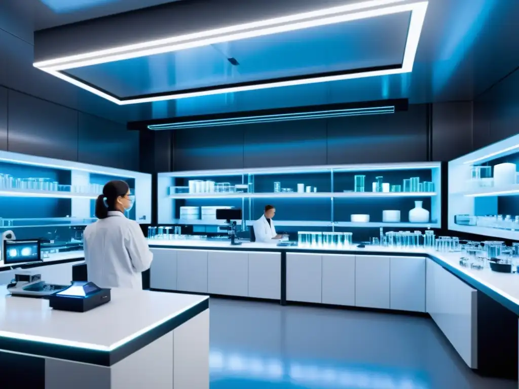Desafío de patentar tecnología biología: laboratorio futurista con científicos en batas blancas y avanzada maquinaria biotecnológica
