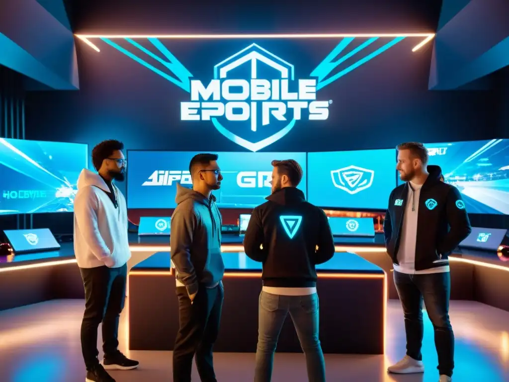 Desarrolladores trabajando en app de eSports móvil rodeados de tecnología futurista y símbolos de protección de propiedad intelectual