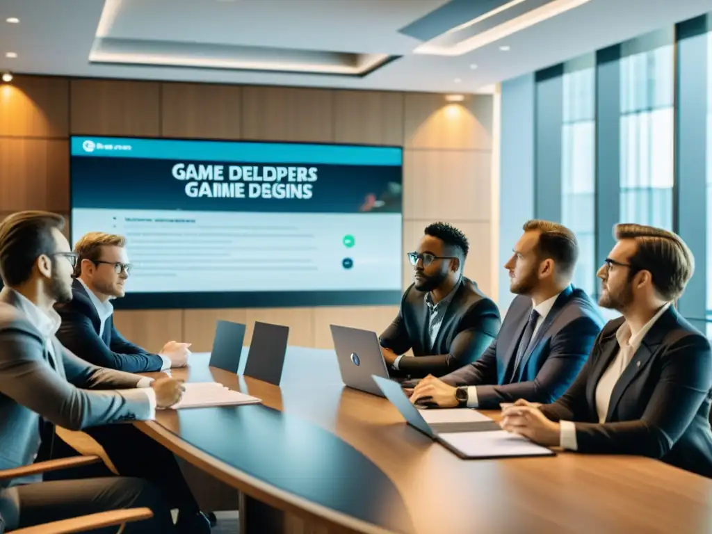 Desarrolladores de videojuegos y abogados discuten retos legales de videojuegos multijugador online en una sala moderna con luz natural