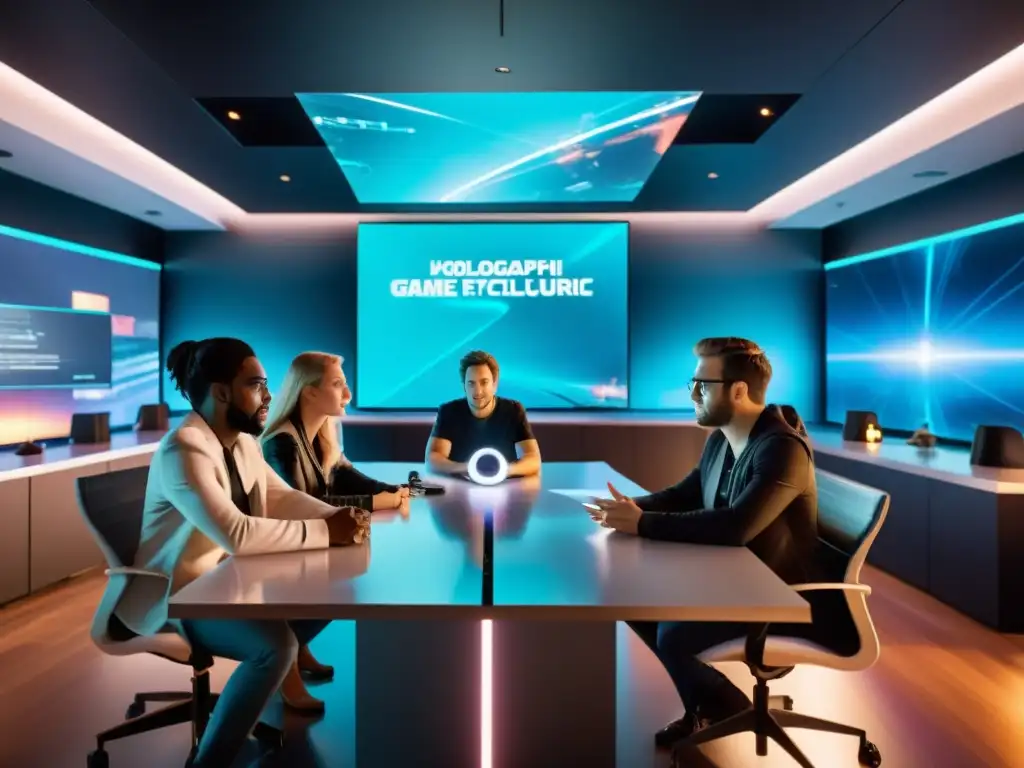 Desarrolladores de videojuegos en reunión, rodeados de hologramas y arquitectura moderna, enfocados en protección de información en videojuegos