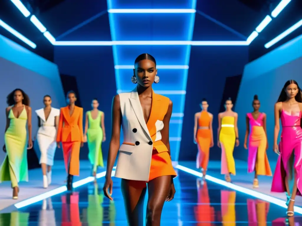 Desfile futurista de moda con modelos y diseños vanguardistas que reflejan la tendencia en legislación de derechos de autor en la industria de la moda