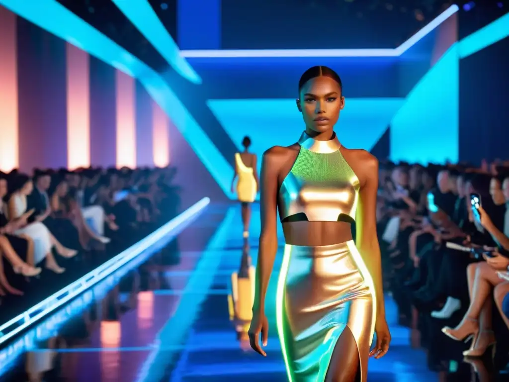 Desfile futurista de moda con tecnología wearable de vanguardia y telas metálicas, luces LED y accesorios innovadores