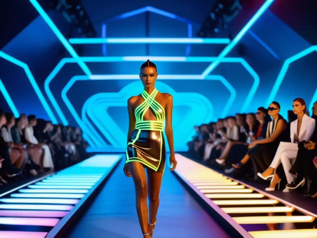 Desfile futurista de moda con tendencias en propiedad intelectual, diseño vanguardista y tecnología de vanguardia, iluminado con luces de neón