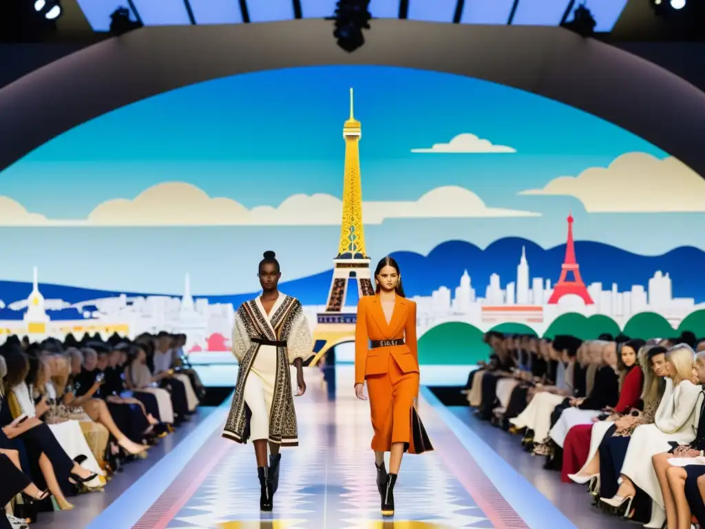 Desfile de moda de alta costura en Europa con diseños vanguardistas y la Torre Eiffel al fondo