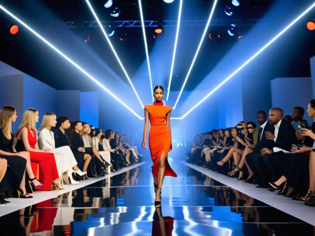 Desfile de moda con diseños vanguardistas y efectos de iluminación llamativos