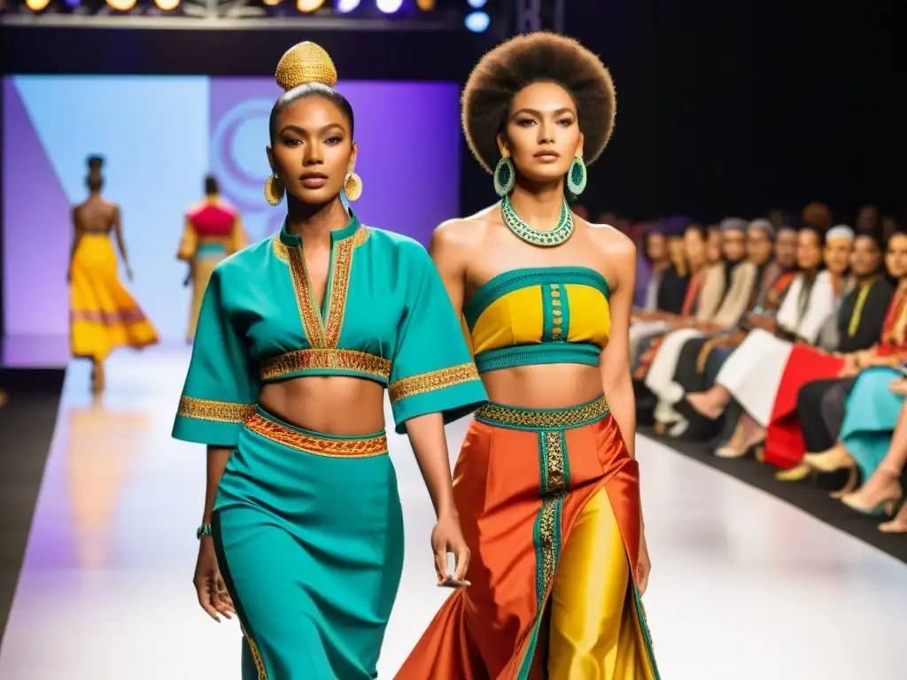 Un desfile de moda étnica multicultural con modelos diversos luciendo prendas vibrantes y diseñadas con intrincados patrones, mientras son admirados por una audiencia multicultural