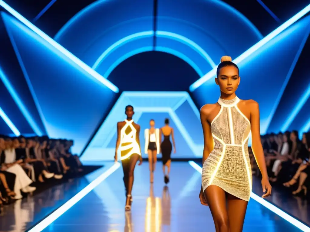 Desfile de moda futurista con modelos y blockchain, protección de marcas de moda con blockchain