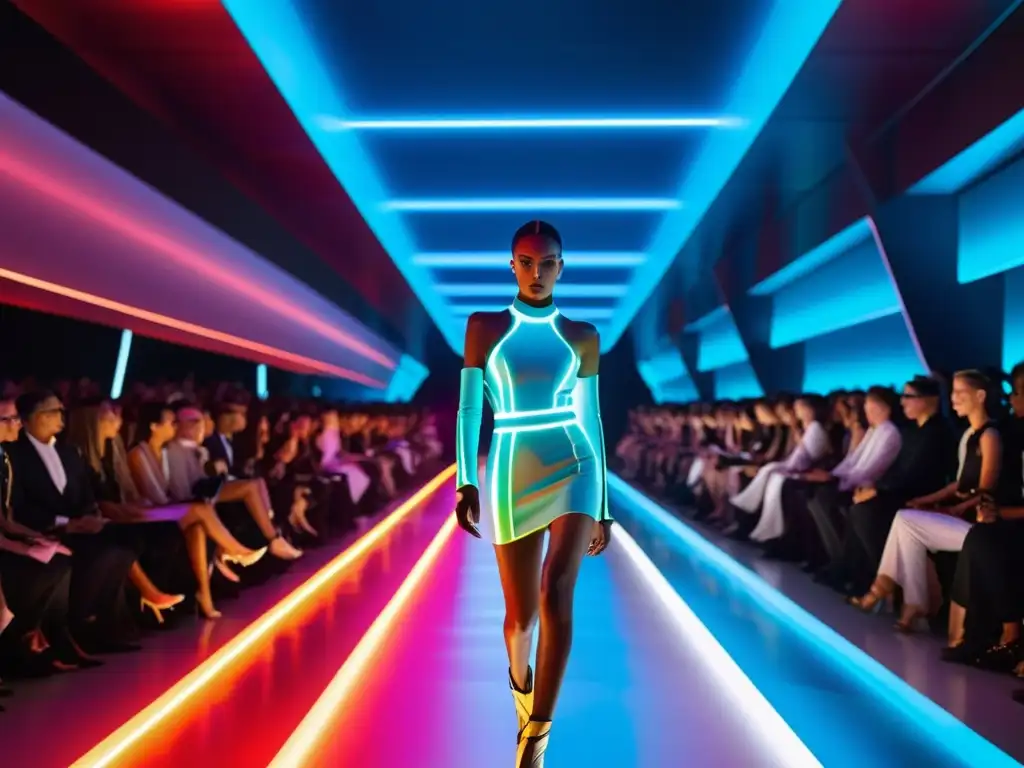 Desfile de moda futurista con modelos usando prendas tecnológicas innovadoras, iluminado por luces dinámicas