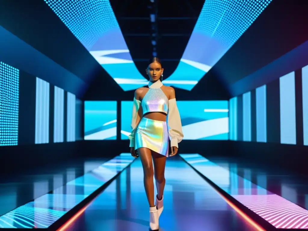 Desfile de moda futurista con prendas holográficas y accesorios de realidad aumentada