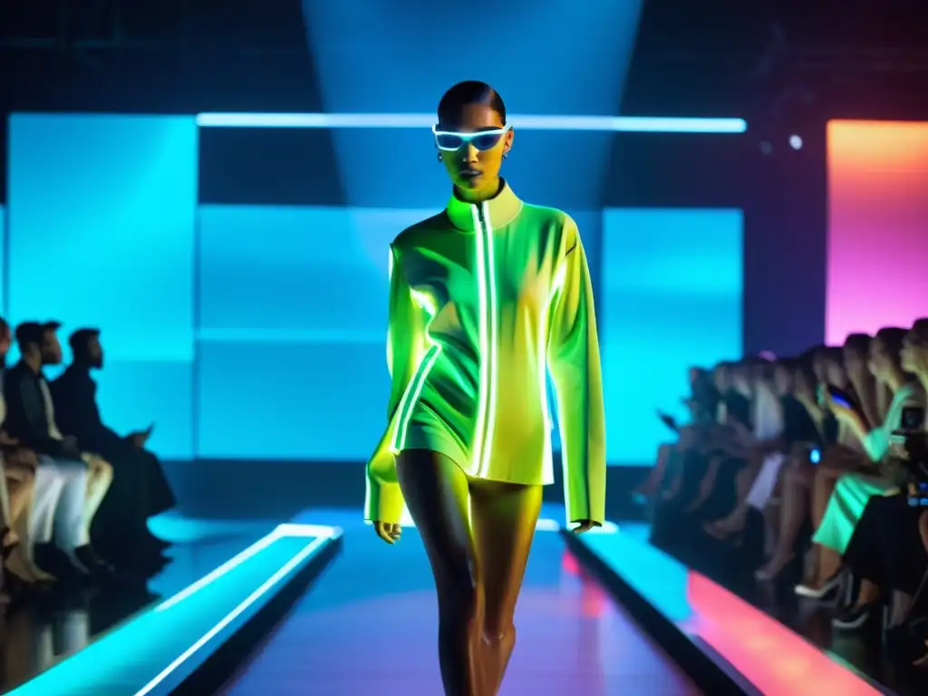 Desfile de moda futurista con ropa de realidad aumentada, iluminado con luces de neón