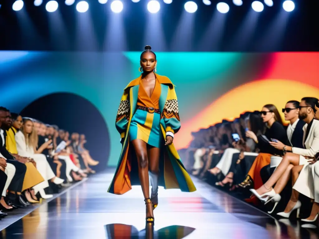 Un desfile de moda impresionante en 8k con modelos exhibiendo prendas de diseñadores, colores vibrantes y detalles intrincados