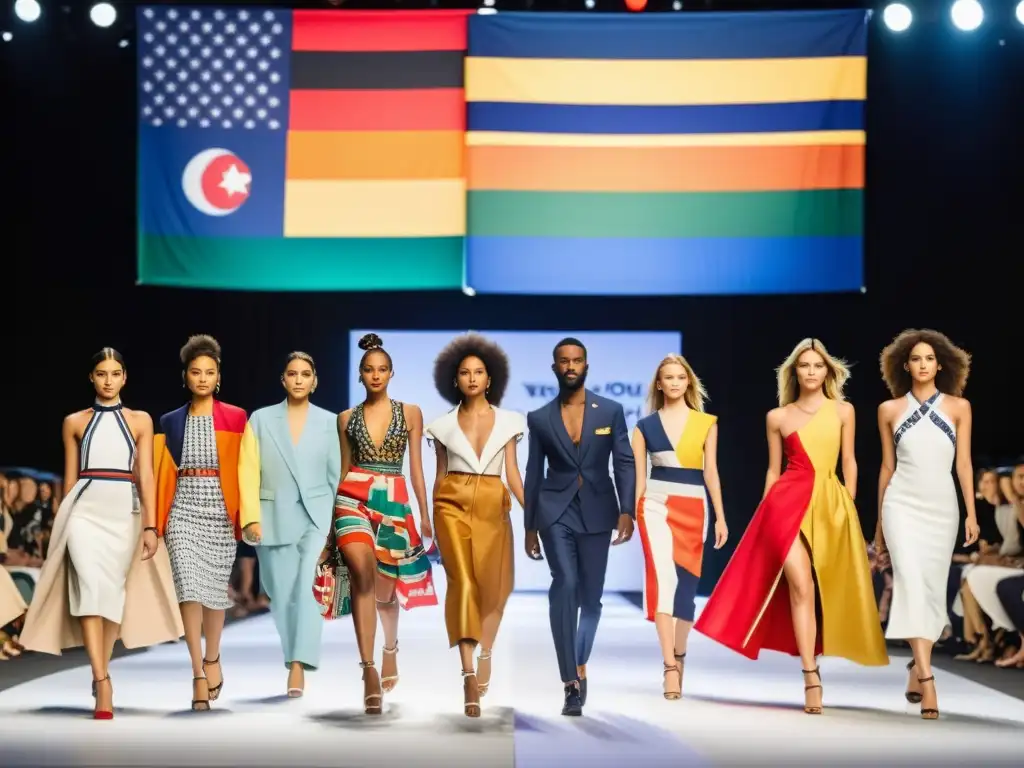 Desfile de moda internacional con diseños de diferentes países, reflejando el efecto de acuerdos bilaterales en la moda