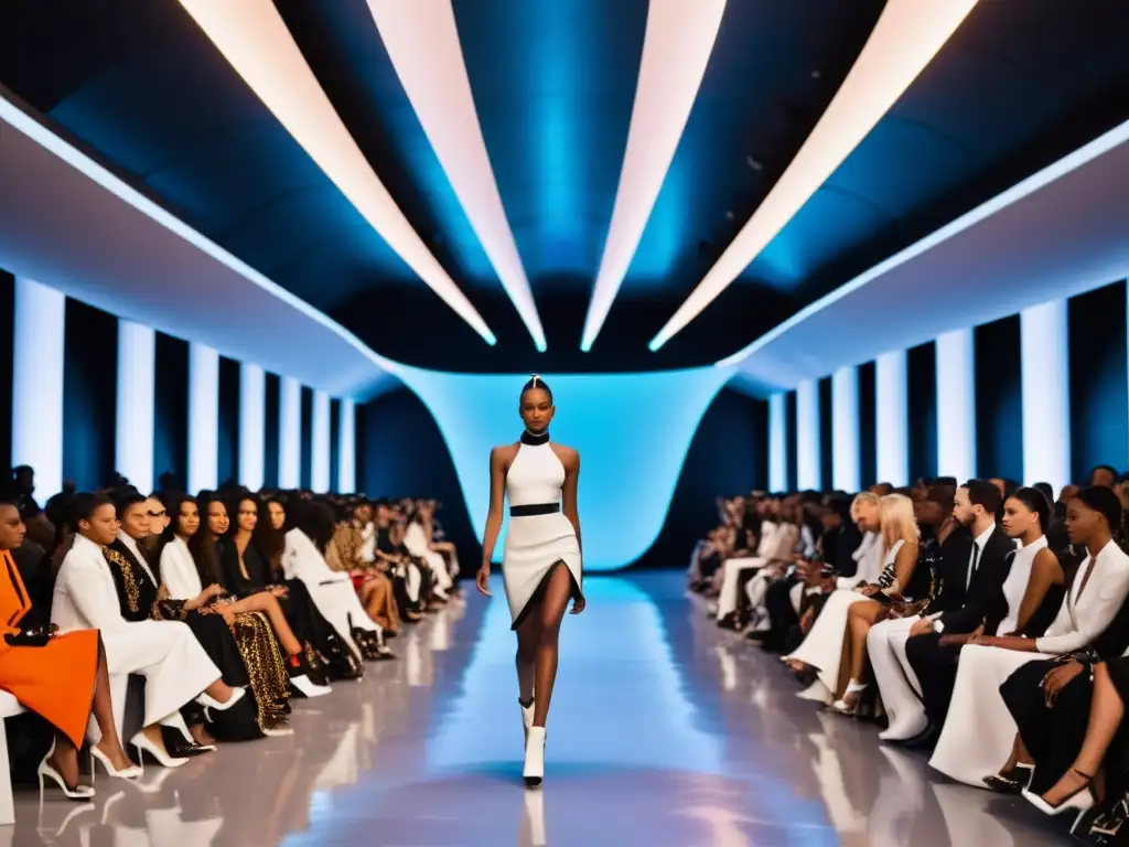 Desfile de moda internacional con modelos diversificados en una pasarela futurista
