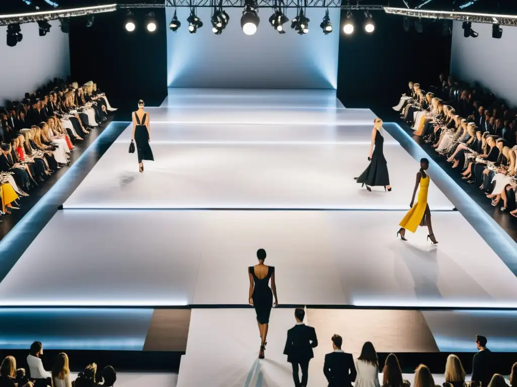 Desfile de moda con marcas de diseñador, modelos en movimiento y una audiencia sofisticada