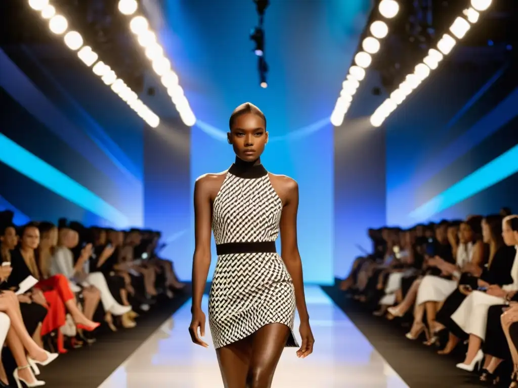 Desfile de moda con modelos luciendo diseños modernos y llamativos, en un ambiente futurista con iluminación minimalista