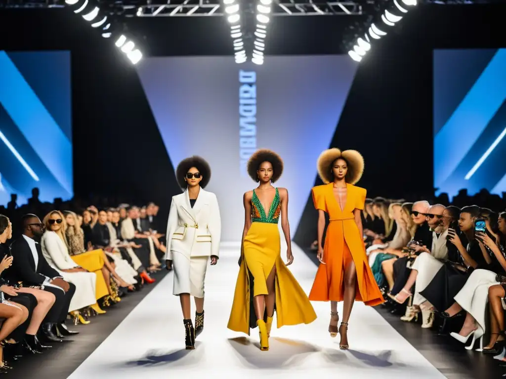 Un desfile de moda con modelos luciendo icónicas creaciones de marcas famosas, mostrando el impacto de la moda de prestigio