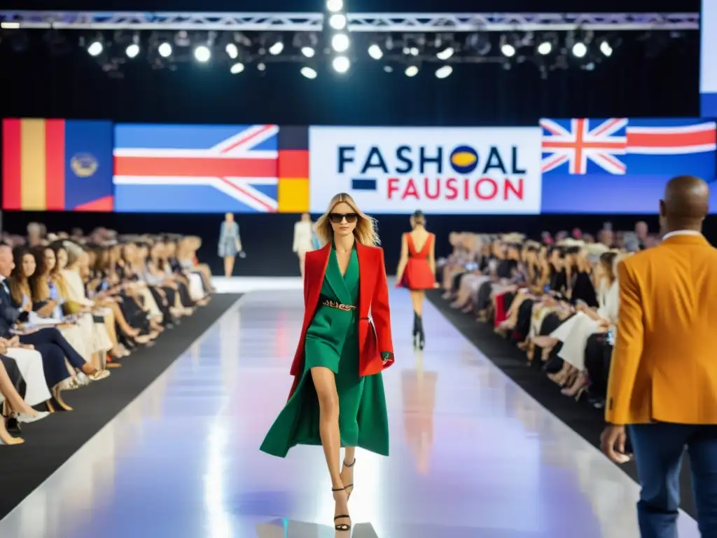Desfile de moda en feria internacional: moda y comercio global Desfile de moda con modelos luciendo prendas de diseñador en una feria internacional