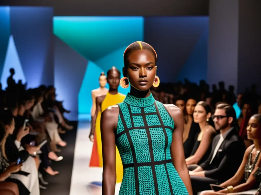Un desfile de moda con modelos vistiendo prendas vanguardistas, estampados intrincados y colores llamativos