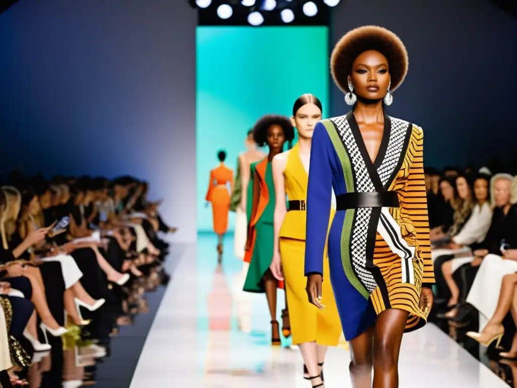 Desfile de moda con modelos exhibiendo tendencias de moda, colores vibrantes y estilos vanguardistas