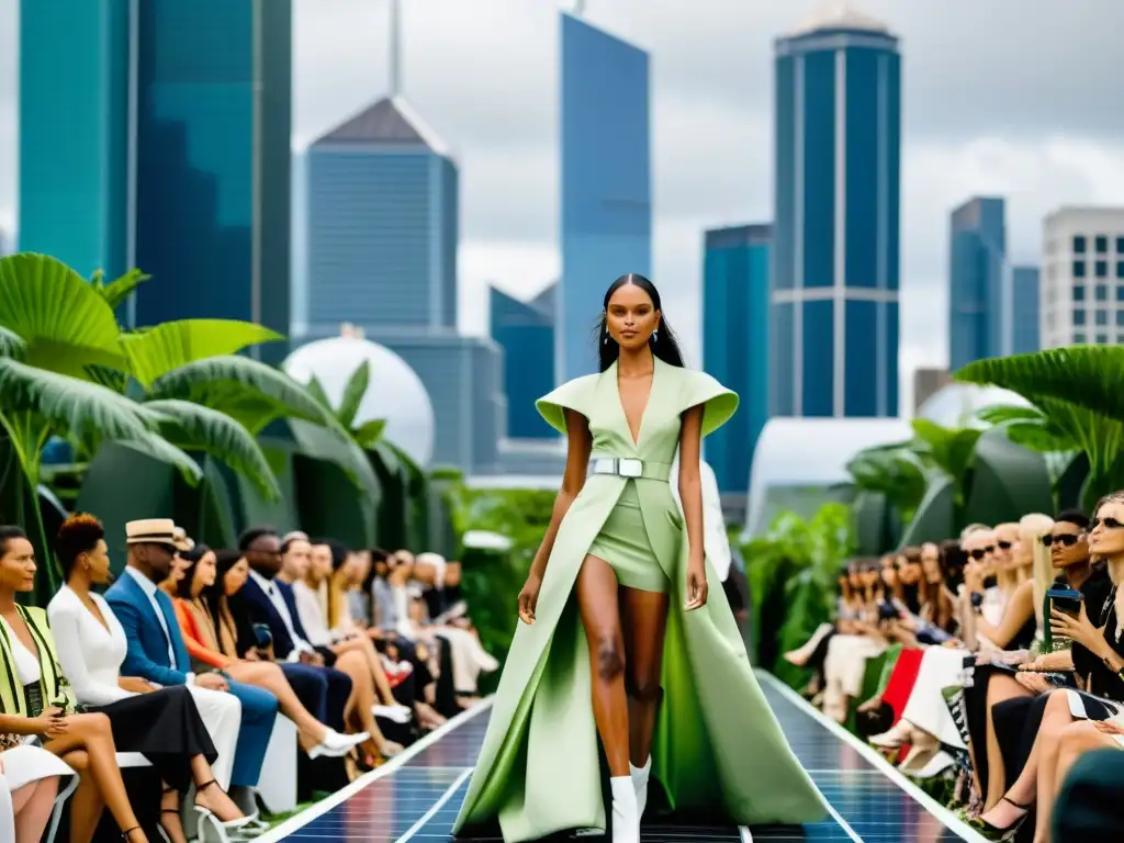 Desfile de moda sostenible con diseño de vanguardia, en un entorno urbano verde