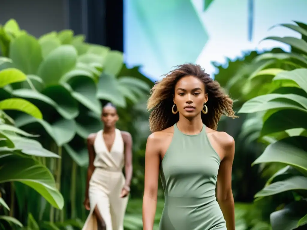 Desfile de moda sostenible con diseño innovador y prendas ecofriendly, en un entorno natural