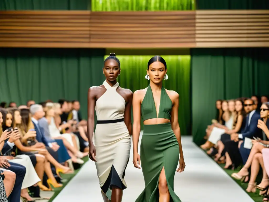 Desfile de moda sostenible en un entorno natural con modelos luciendo diseños ecofriendly