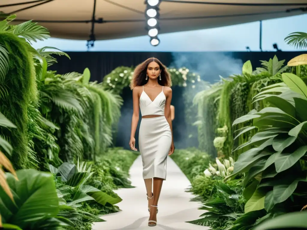 Desfile de moda sostenible en un entorno ecofriendly con modelos exhibiendo diseños