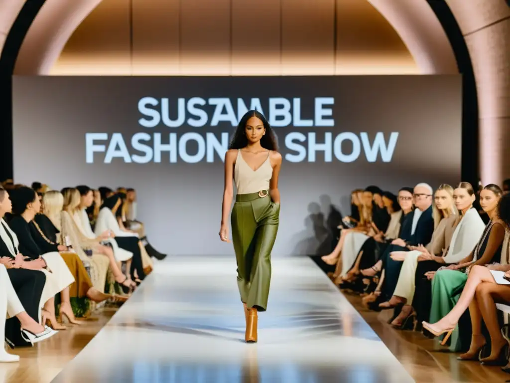 Desfile de moda sostenible con marcas comerciales, modelos visten ropa ecoamigable en pasarela de diseño minimalista