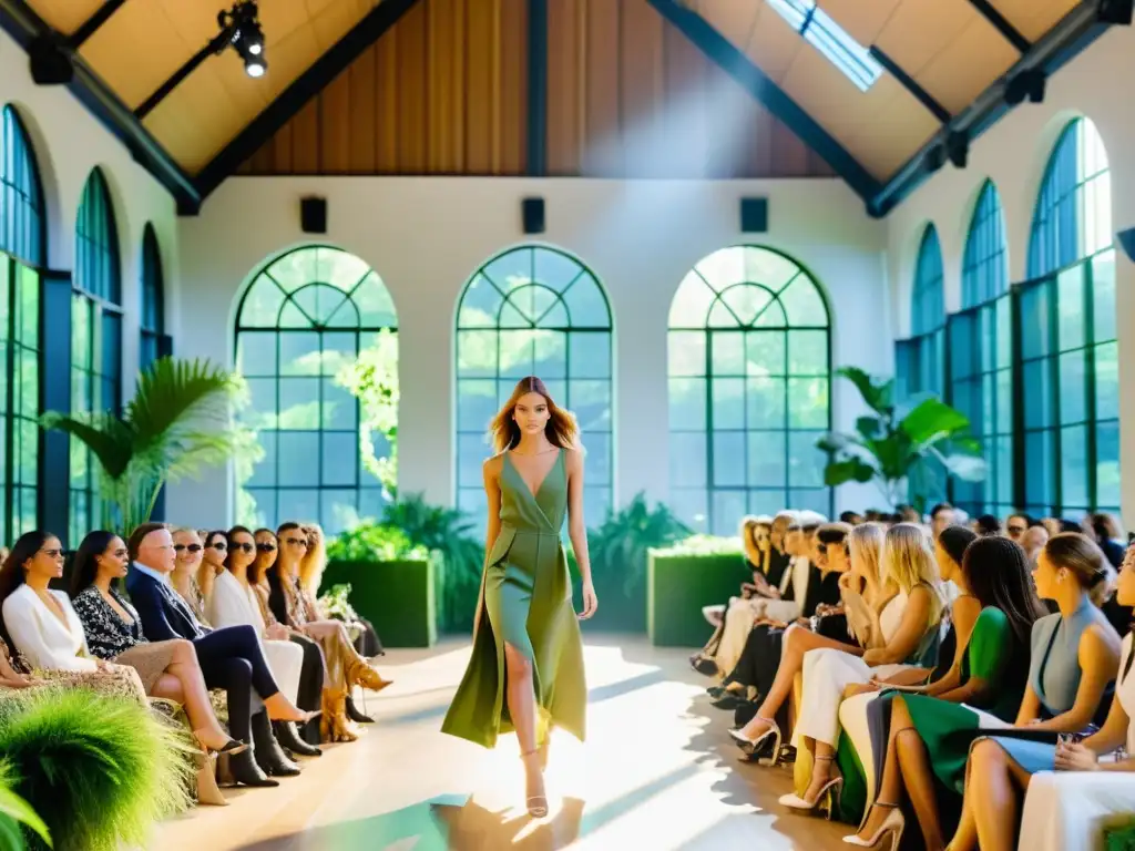 Un desfile de moda sostenible con modelos luciendo diseños eco-amigables en una pasarela rodeada de vegetación