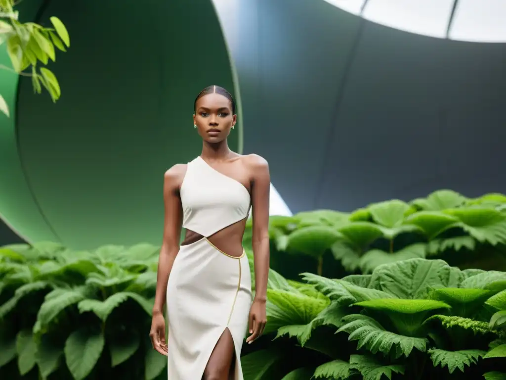 Un desfile de moda sostenible con modelos luciendo diseños innovadores, rodeados de vegetación y arquitectura futurista