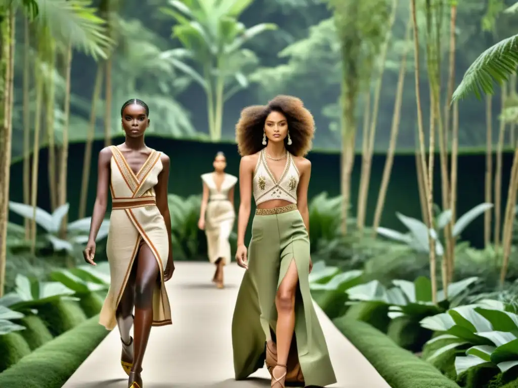 Desfile de moda sostenible en la naturaleza, con modelos luciendo prendas artesanales en tonos naturales