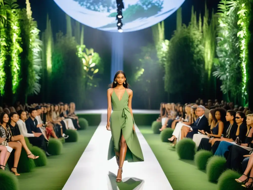 Desfile de moda sostenible en la naturaleza, con diseños vanguardistas y modelos seguros de sí mismos