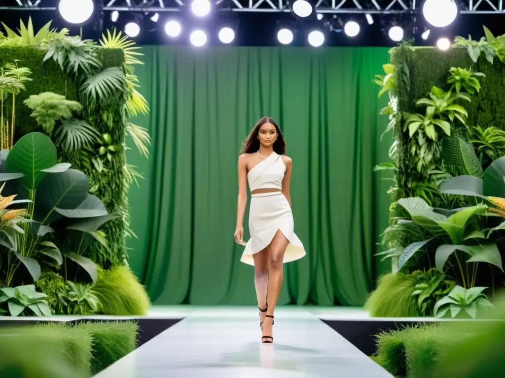 Desfile de moda sostenible con prendas eco-friendly y diseño innovador, en un entorno de vegetación exuberante