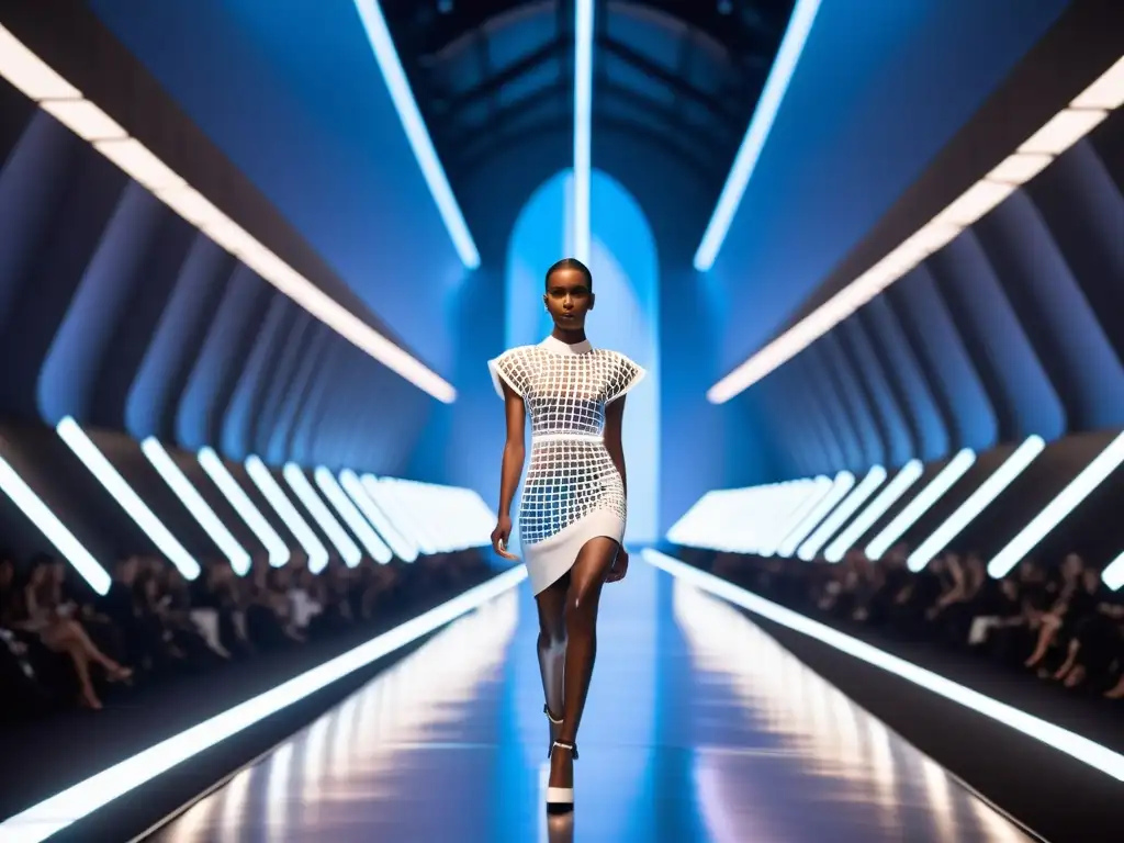 Desfile de moda con tecnología wearable y arquitectura futurista