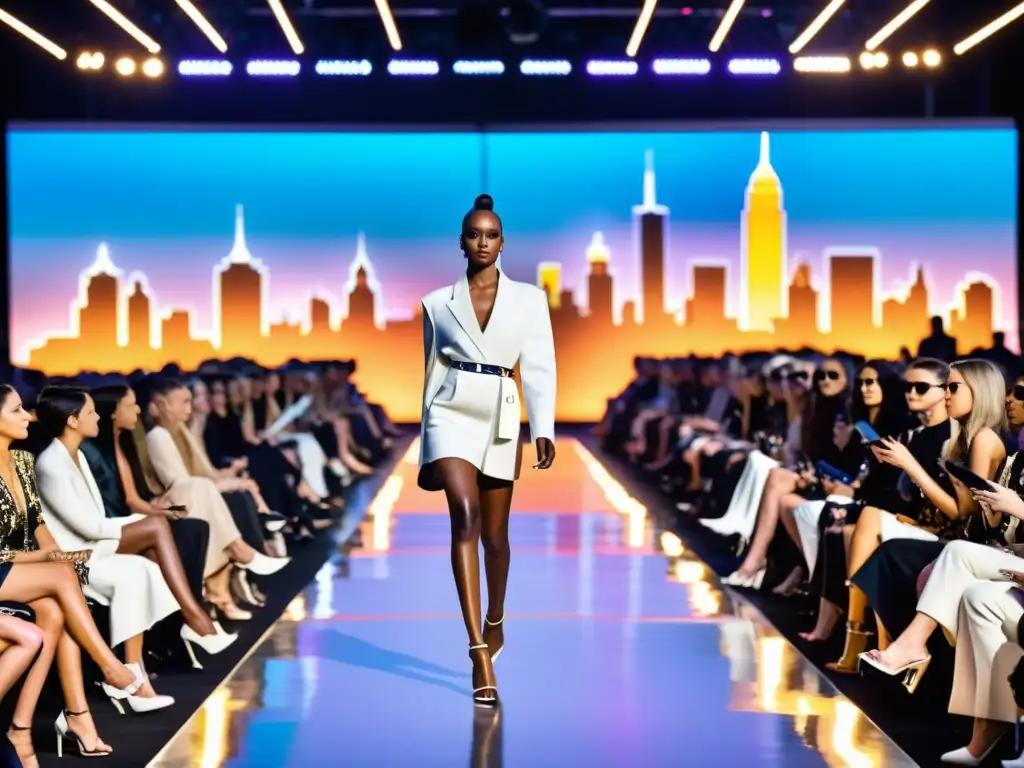 Un desfile de moda vibrante y global con diseños vanguardistas en una ciudad cosmopolita
